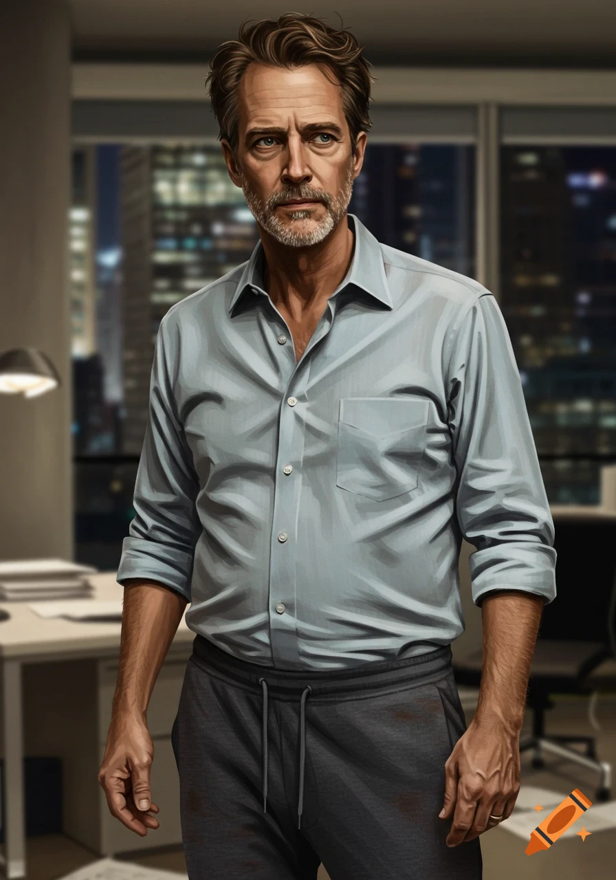 Digital painting of a middle-aged man with brown hair and beard stubble, wearing a light blue shirt and gray sweatpants, in an office at night.