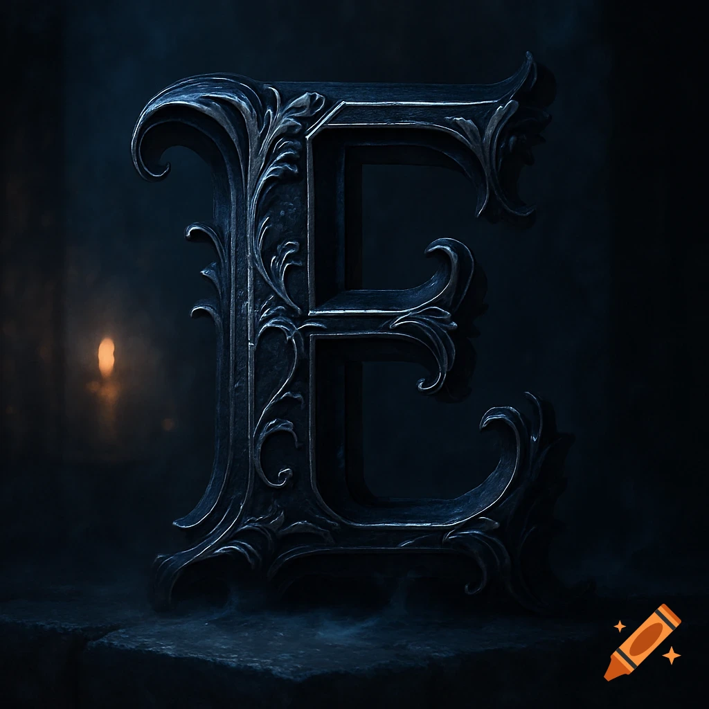 A stylized, dark, ornate gothic letter E stands on a stone surface in a dimly lit, smoky environment.