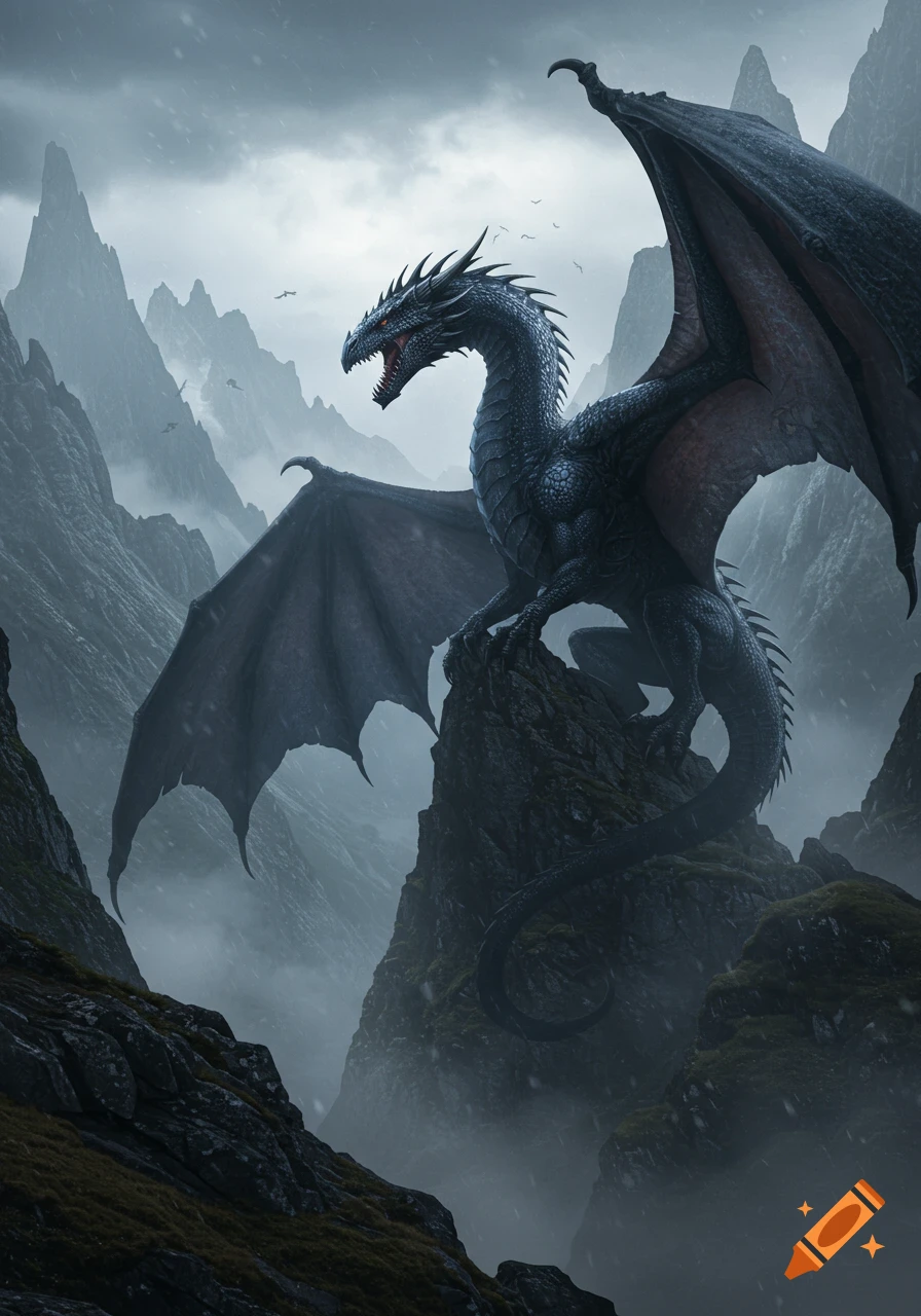 A majestic dark dragon with large wings sits atop a jagged rock in a stormy, misty mountain range, with snow falling.