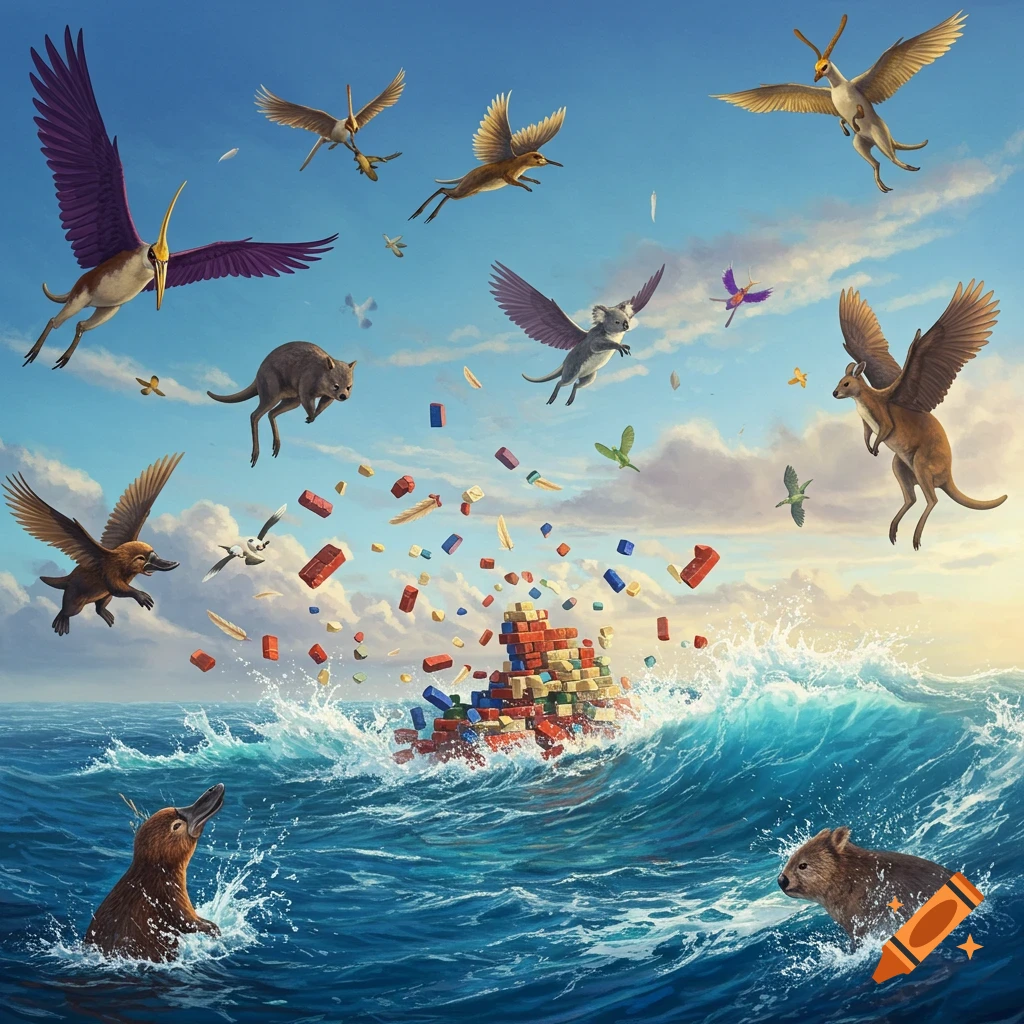 Fantastical scene of winged Australian animals, including kangaroos, koalas, platypuses, and wombats, flying above an ocean where colorful bricks are building an island.