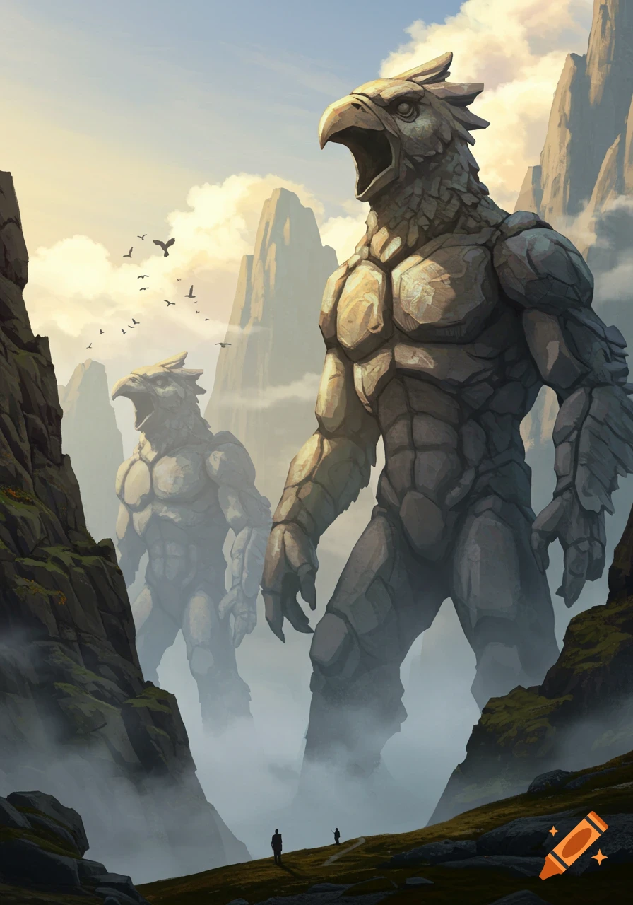 Two colossal stone bird-like giants stand in a misty mountain valley, towering over tiny human figures. Fantasy art.