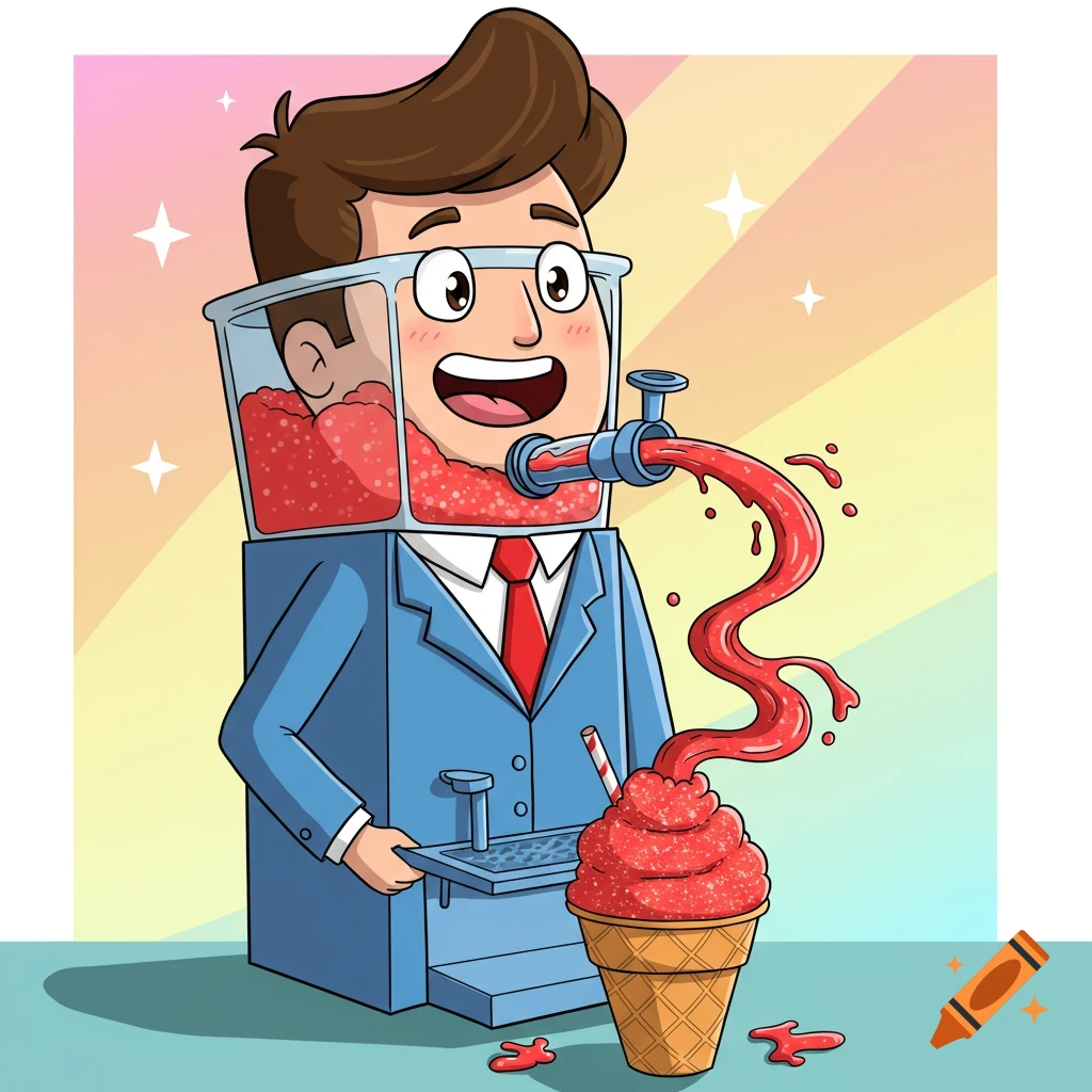A colorful cartoon illustration of a man's head replaced by a slushy machine, dispensing red slushy into an ice cream cone.