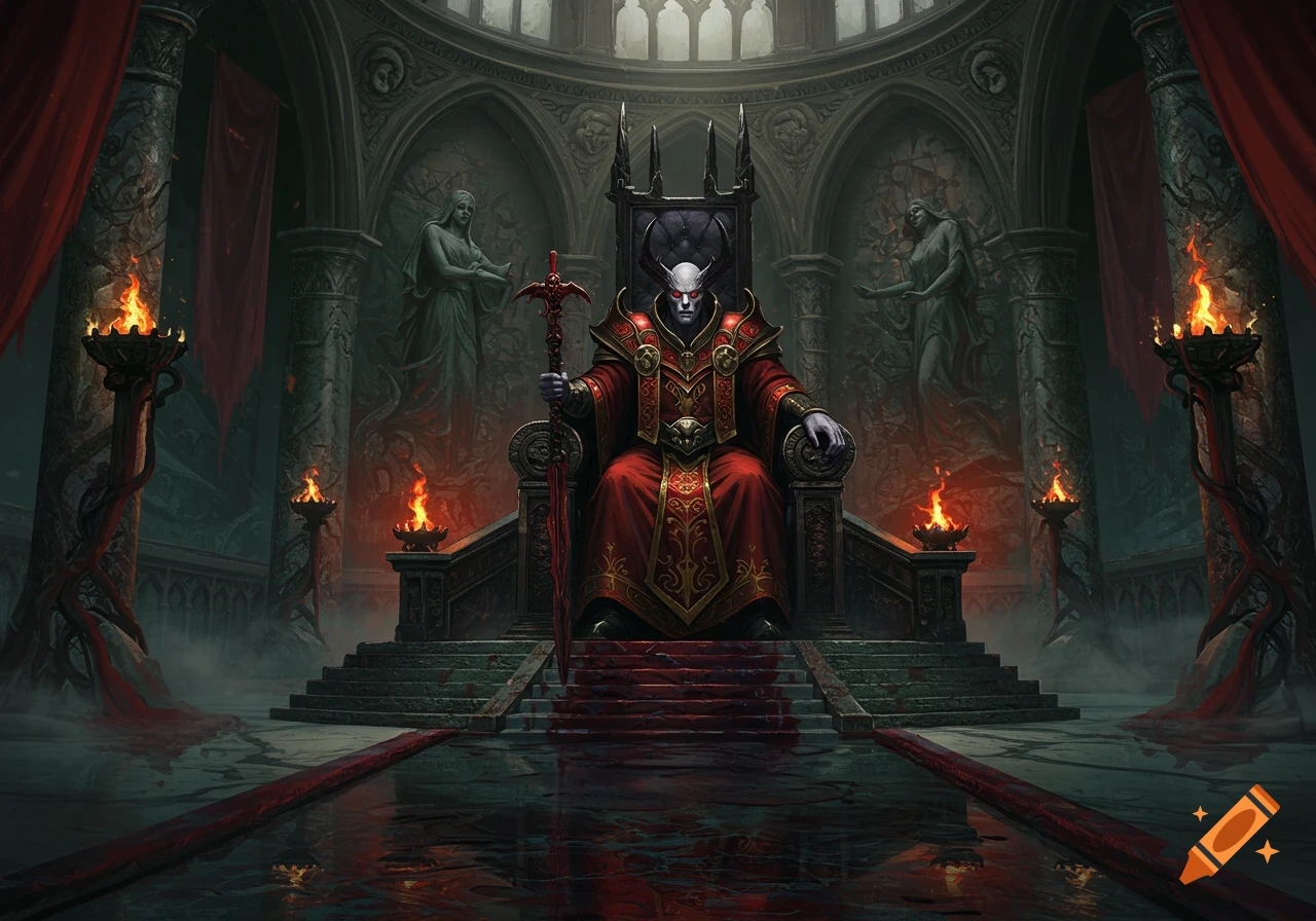 A demonic lord with red eyes and horns sits on a dark throne in a gothic hall, blood on the steps and floor, with flaming braziers.