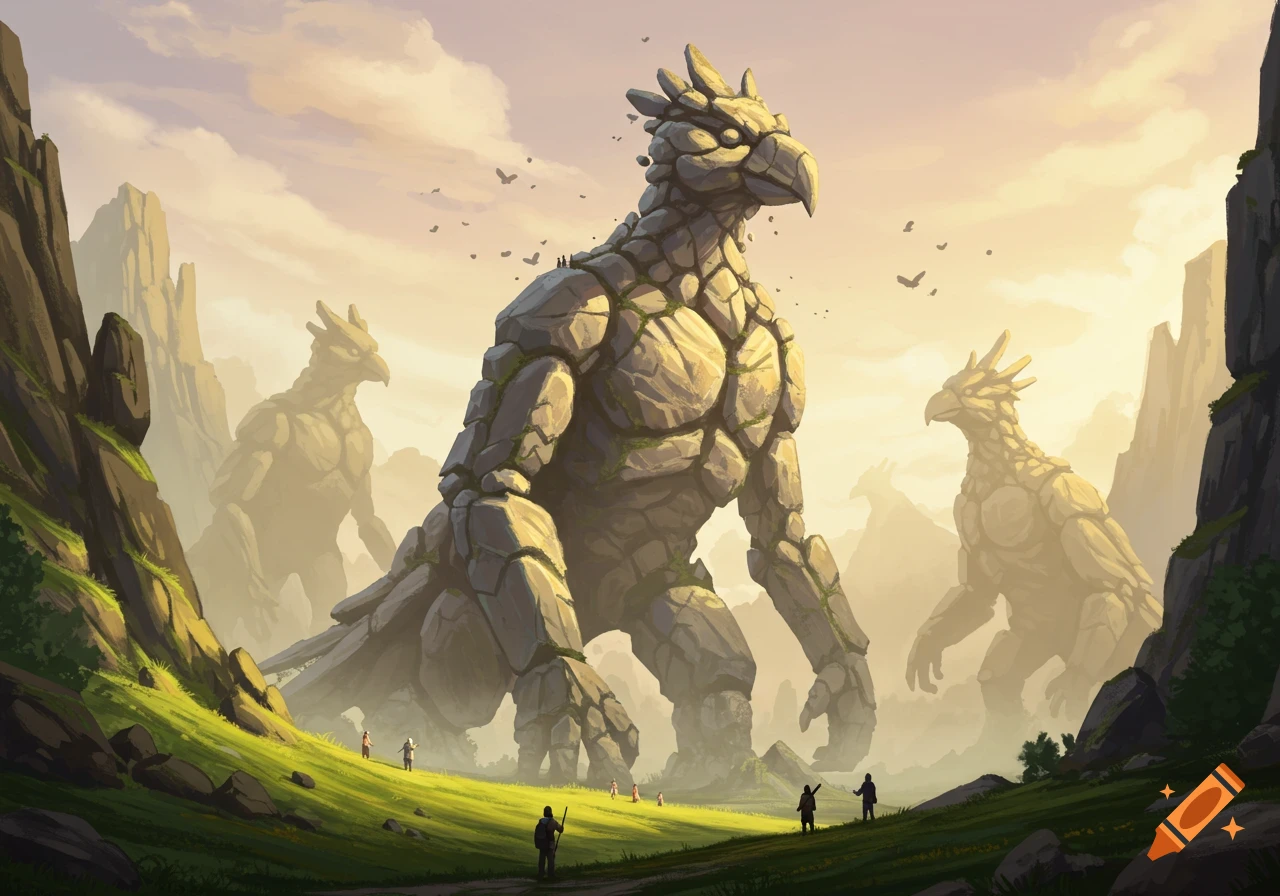 Fantasy illustration of huge rock-bird creatures towering over tiny humans in a green valley with rocky mountains under a warm sky.