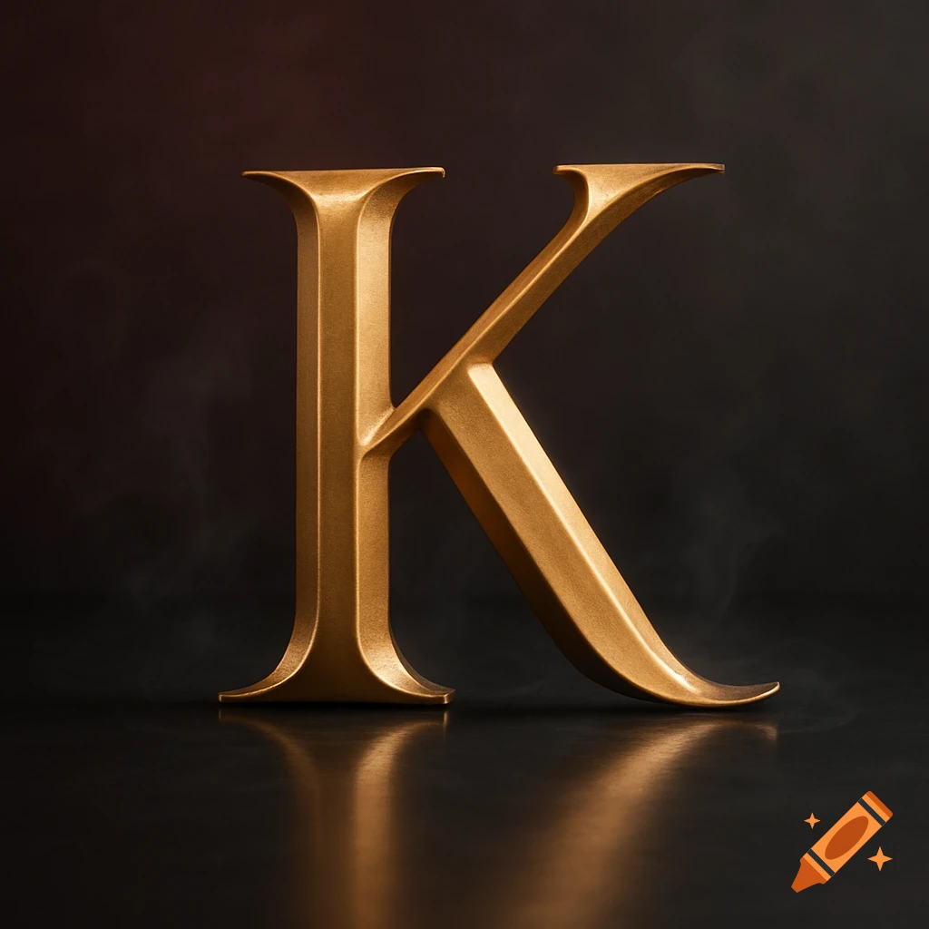 A golden, three-dimensional letter K stands on a reflective dark surface with a dark background.