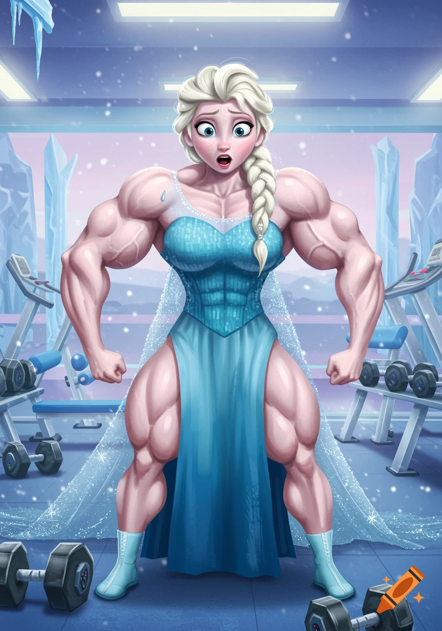 Elsa from Frozen as an extremely muscular bodybuilder in a gym setting, cartoon style.