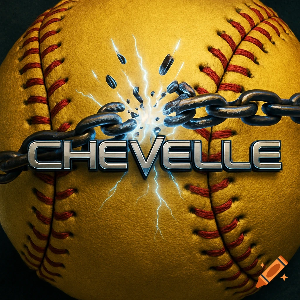 A yellow softball with red stitching, a dark metal chain breaking across its center with blue electrical energy, and the metallic word 'CHEVELLE' integrated into the chain.