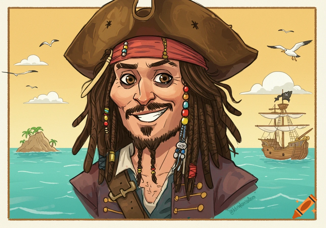 A cartoon drawing of a smiling pirate (Jack Sparrow) with dreadlocks and a tricorn hat, a ship and an island in the background.