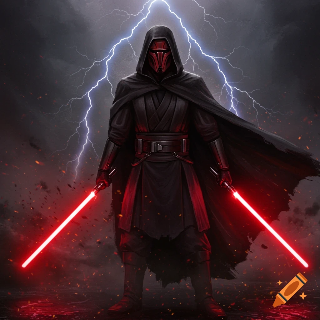 Darth Revan in a black cloak and red mask, wielding two red lightsabers amidst lightning and red sparks.