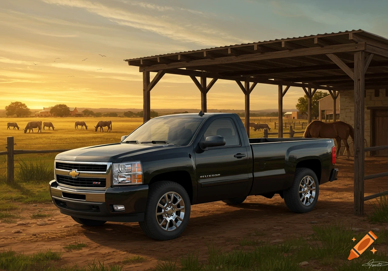 A black Chevrolet Silverado pickup truck is parked on a dirt path under a wooden shed at sunset, with cows grazing in a golden field and a horse near a barn in the background.