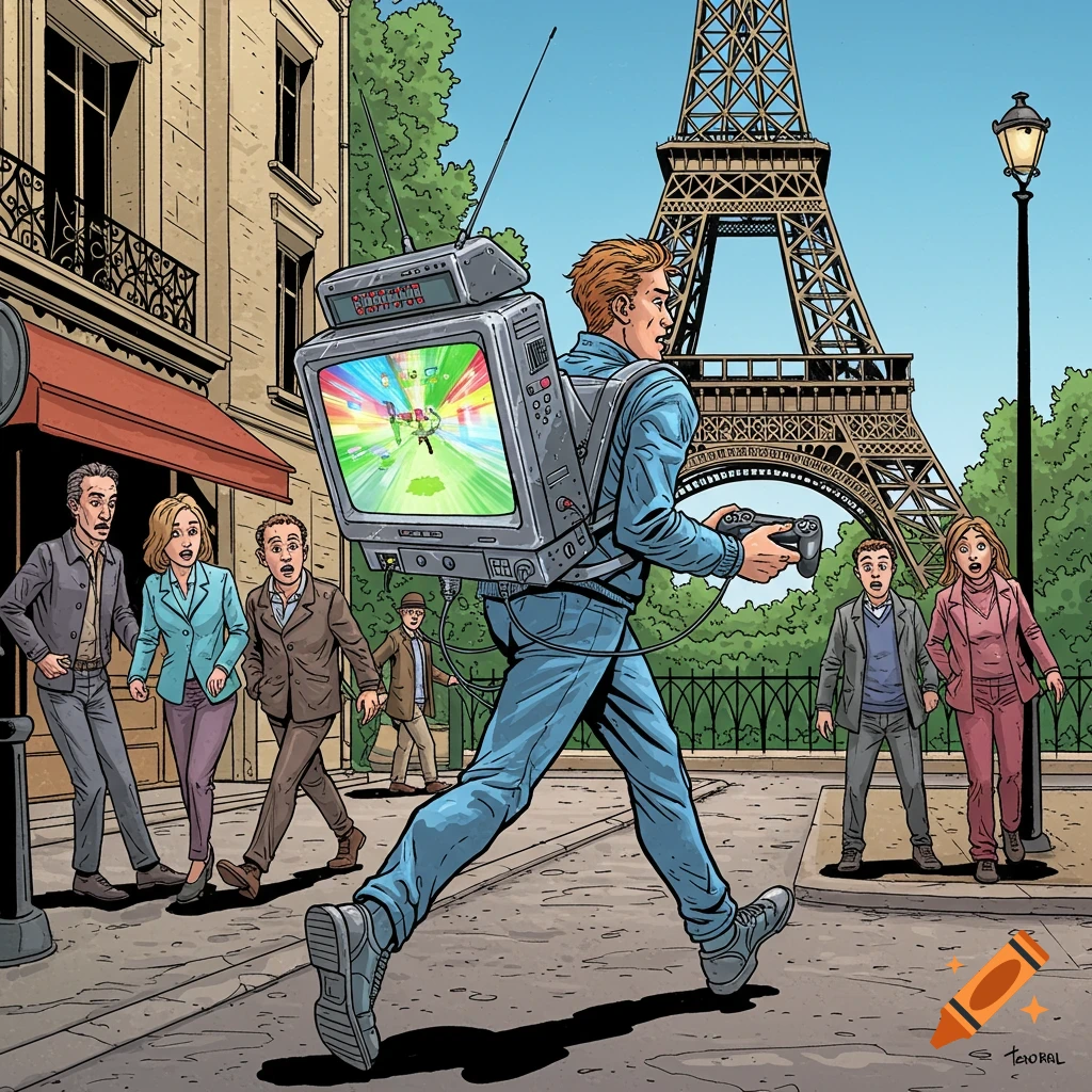 Comic book illustration of a man playing a video game on a backpack TV while walking through a Paris street, with the Eiffel Tower in the background and shocked bystanders.