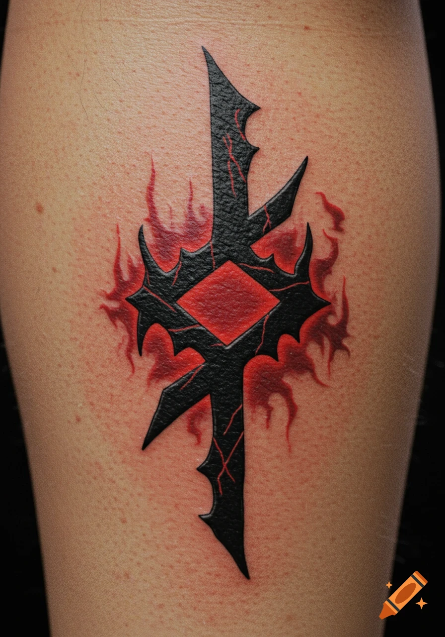 A black demonic-looking rune tattoo with a red fiery glow on light skin.