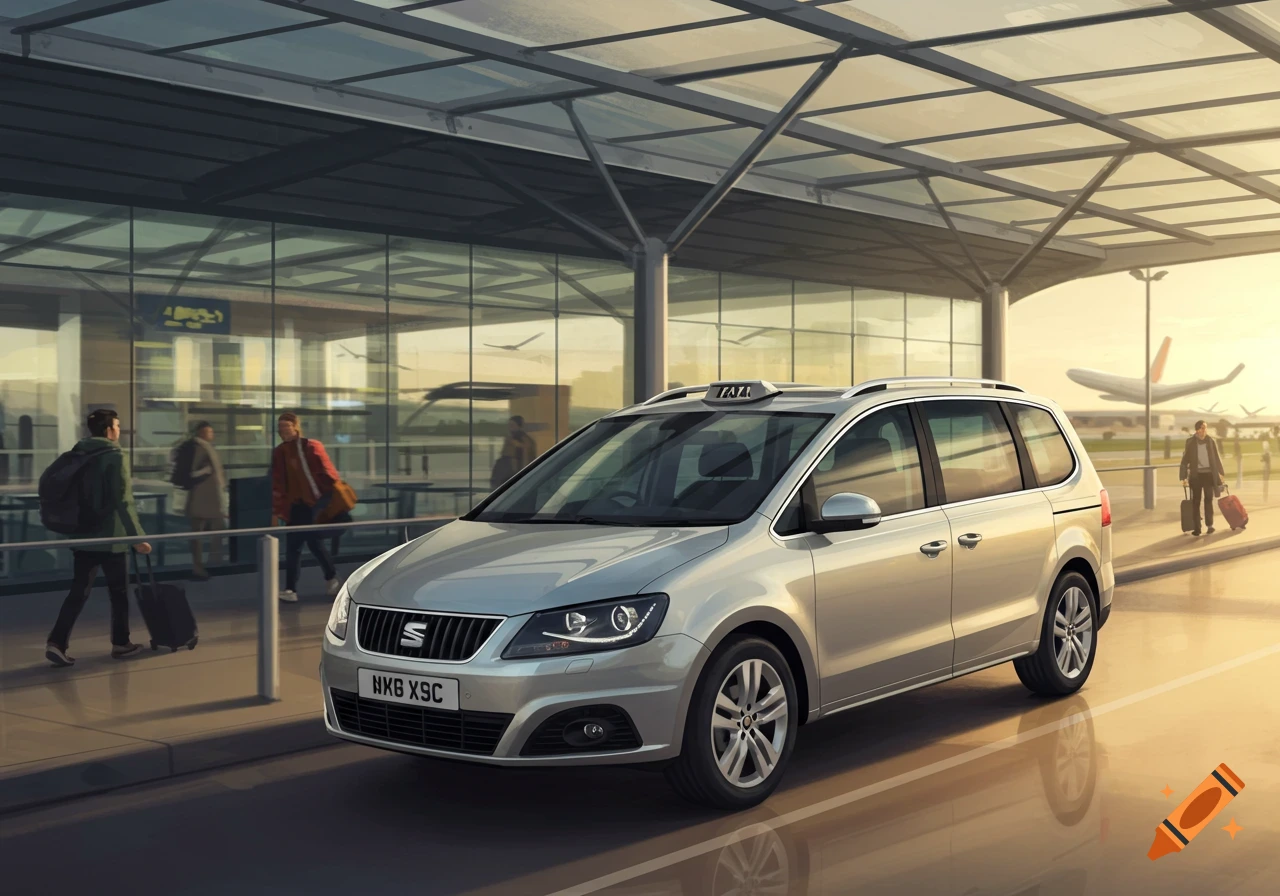 A silver Seat Alhambra taxi waits at an airport terminal during sunset, with passengers and a distant plane in an illustration.