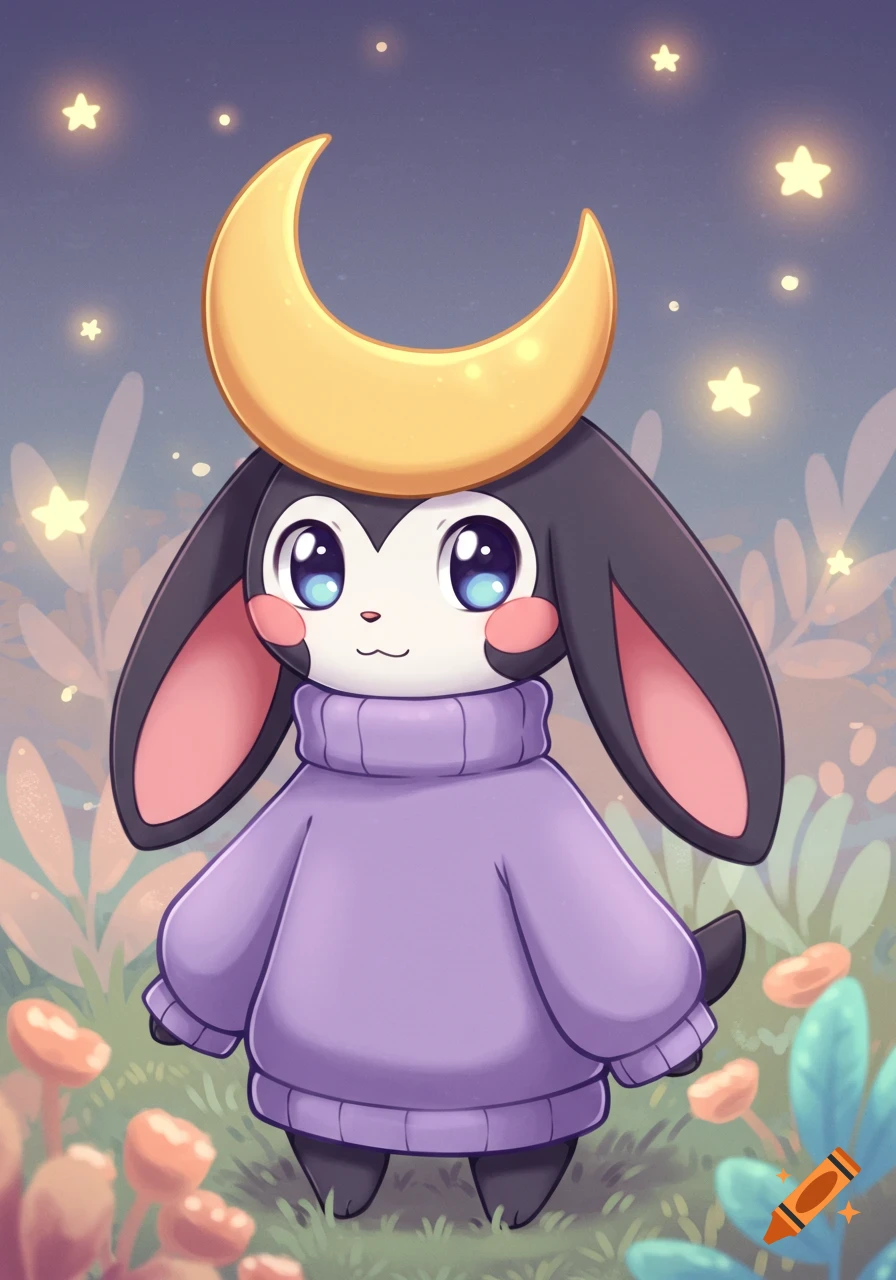 Cute anime-style bunny creature with a golden crescent moon on its head, wearing a purple turtleneck, standing in a whimsical field with stars.