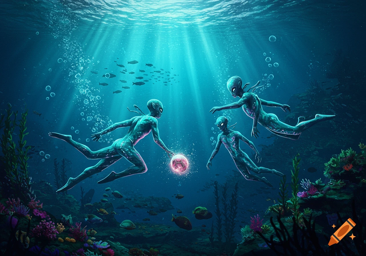 Vibrant illustration of three teal-skinned aliens playing with a glowing pink ball underwater amidst coral and fish.