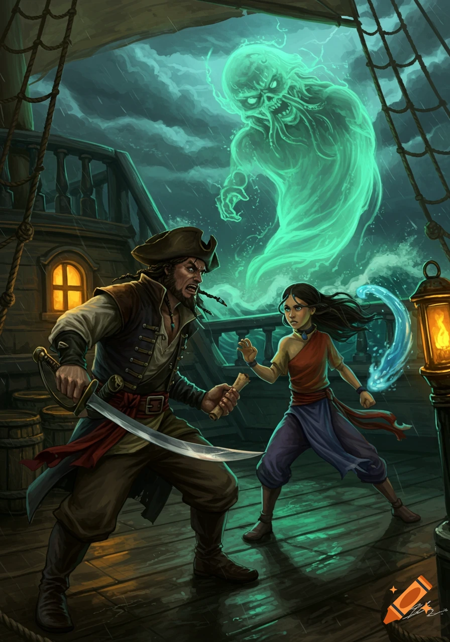 A pirate with a sword confronts a young waterbender and a glowing green ghost on a stormy ship deck at night. Fantasy illustration.