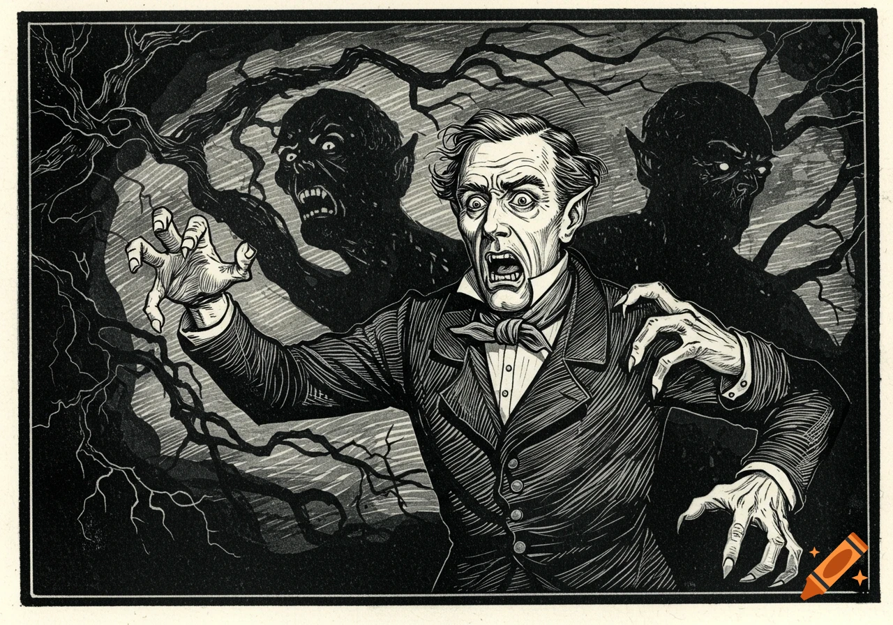 Woodcut illustration of a terrified man transforming, with two monstrous shadowy figures lurking behind him amidst twisted trees.
