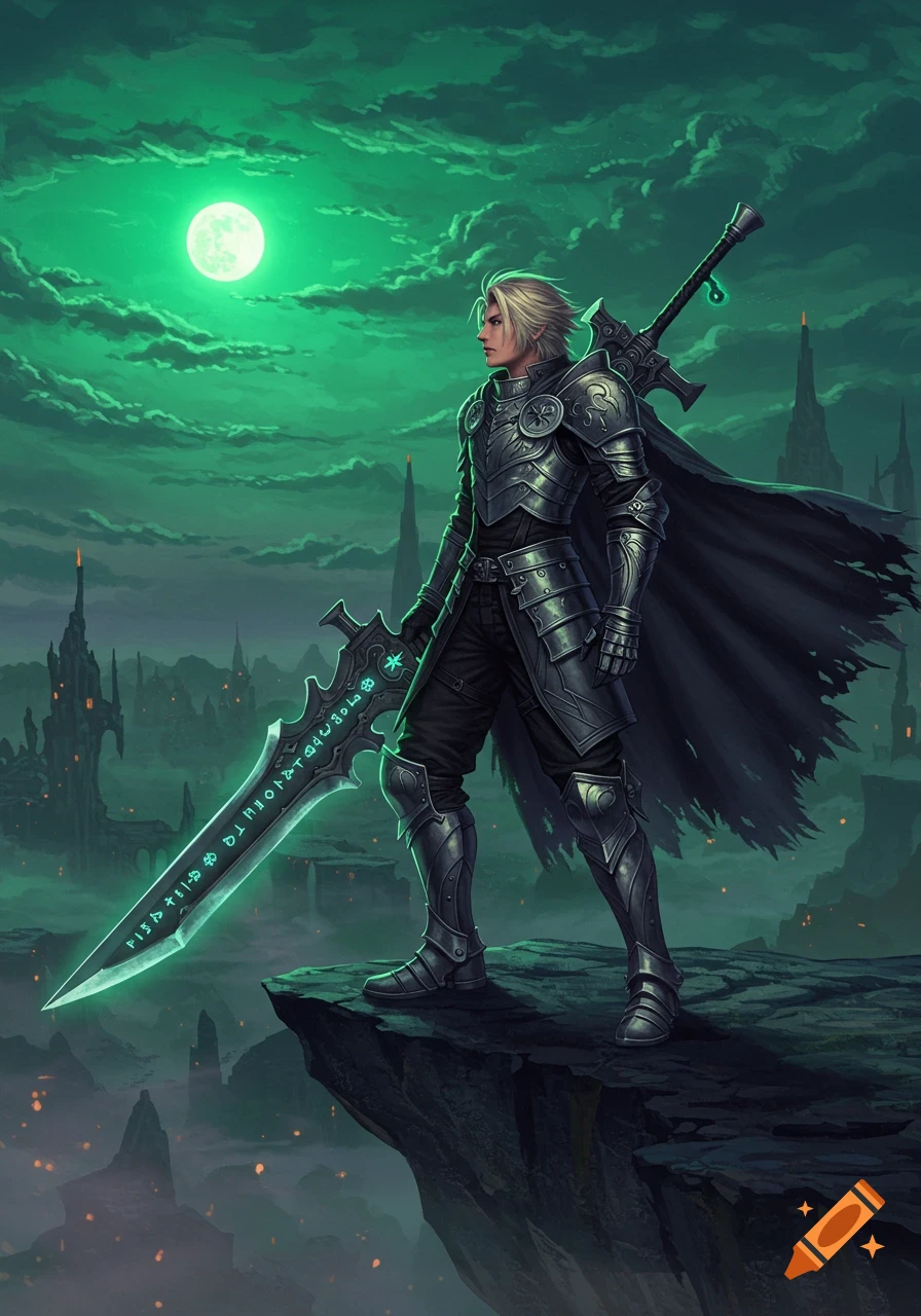 A male fantasy warrior in dark armor stands on a cliff holding a large glowing sword, under a green moonlit sky with gothic structures.