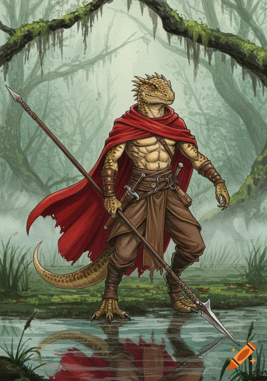 Watercolor of a bare-chested lizardfolk in a red cloak wielding a spear, standing in a misty swamp.