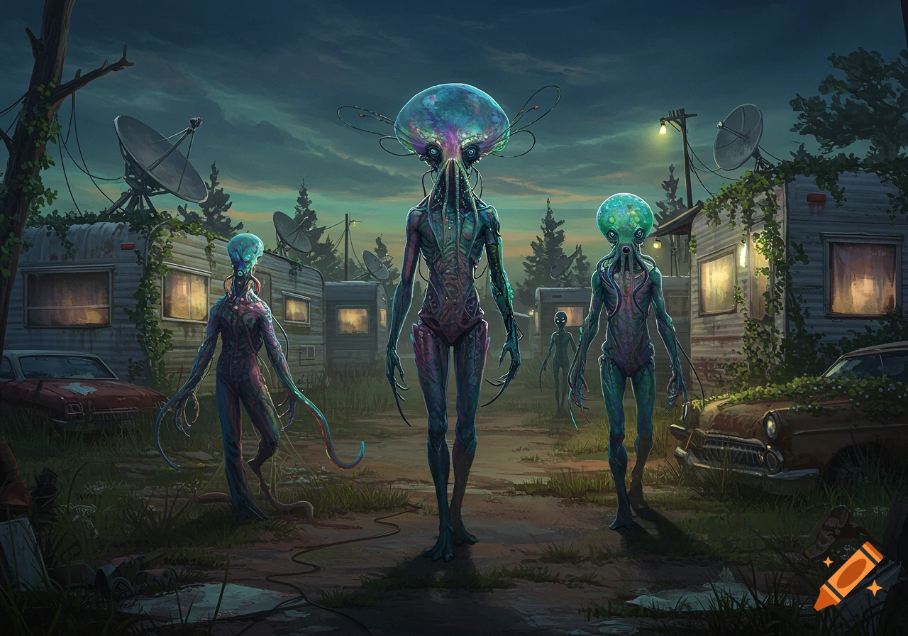 Colorful, tentacled aliens with glowing bodies stand in an eerie, overgrown trailer park with rusty cars and satellite dishes at dusk.