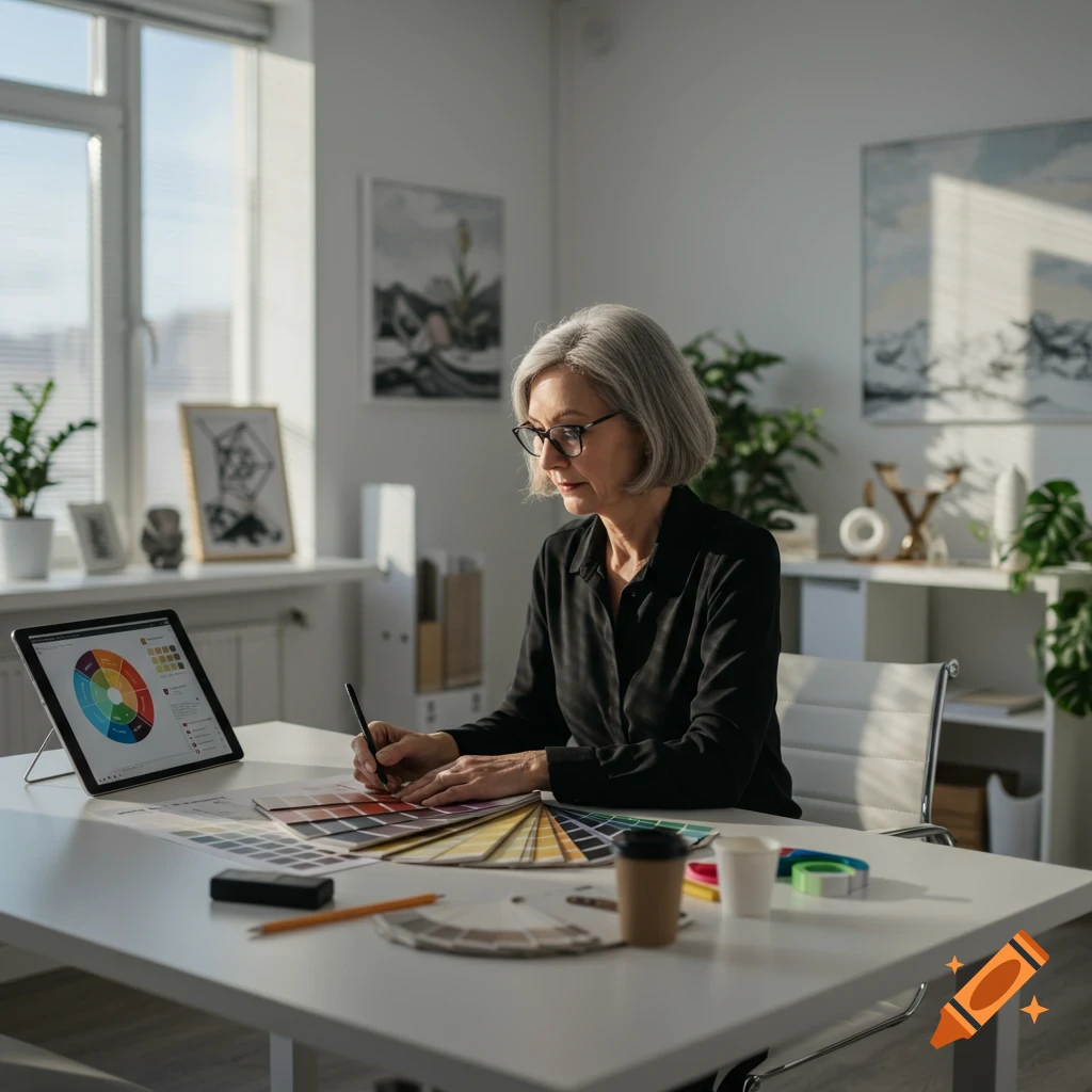 A grey-haired woman in glasses and a black shirt intently studies color swatches at a desk with a tablet displaying a color wheel.