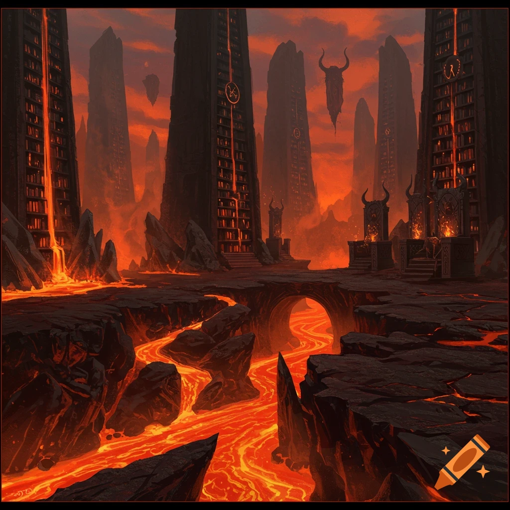 A dark fantasy hellscape with rivers of lava, tall black library towers, and horned altars under a fiery red sky.