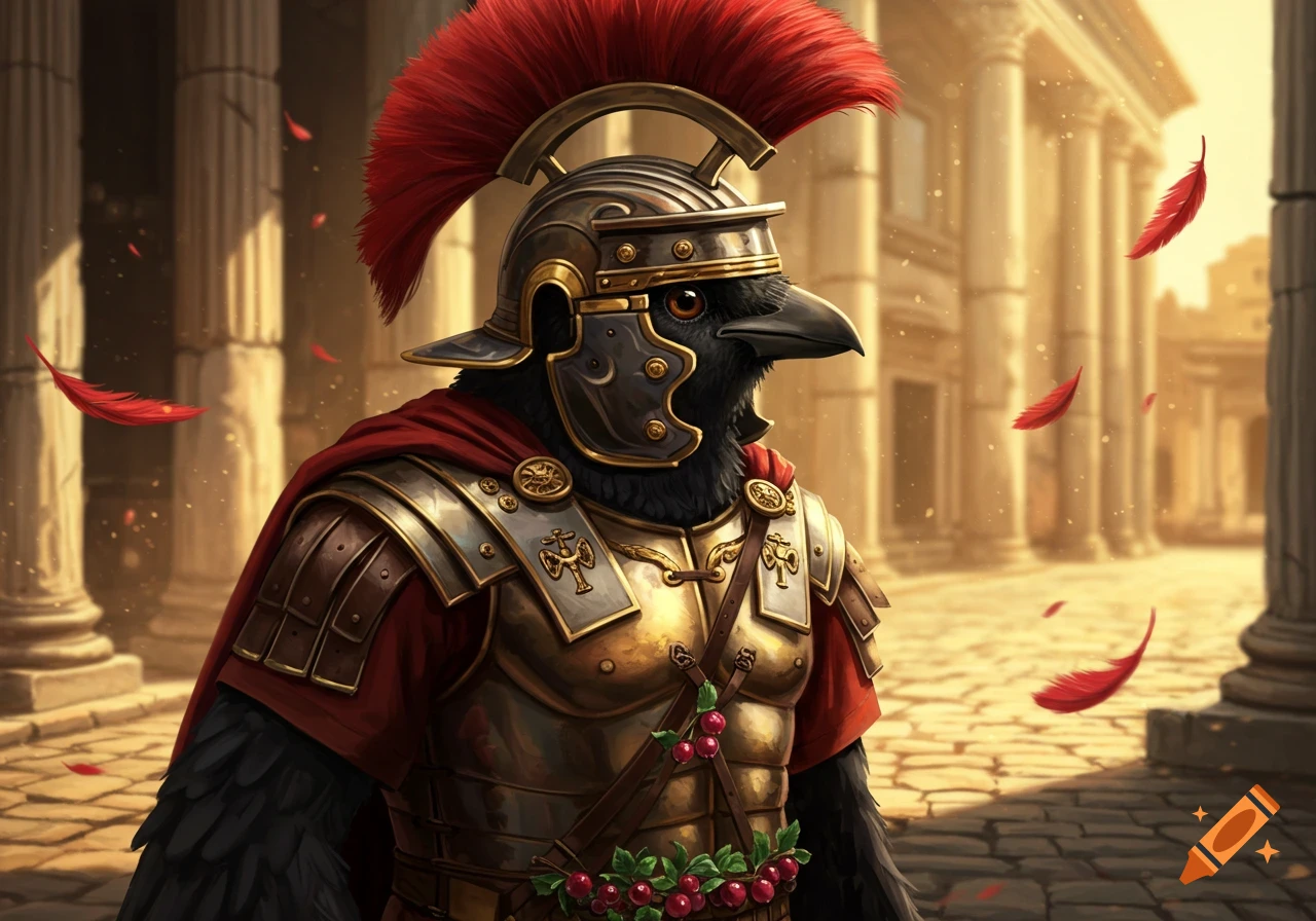 Anthropomorphic black crow in detailed Roman soldier armor with a red feathered helmet and cape stands before classical columns with falling red feathers.