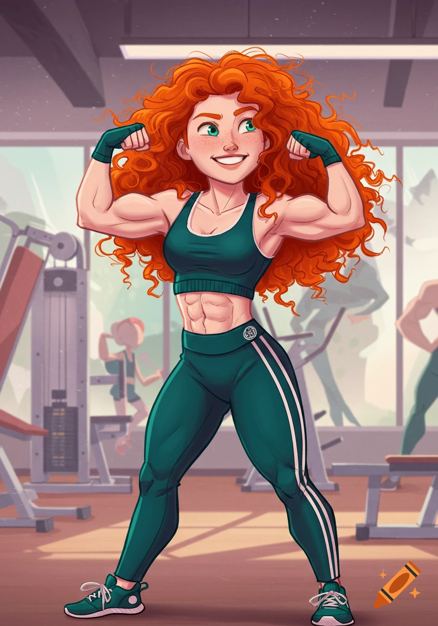 Cartoon Merida from Brave flexing her muscular arms and abs in a gym, wearing teal athletic wear.