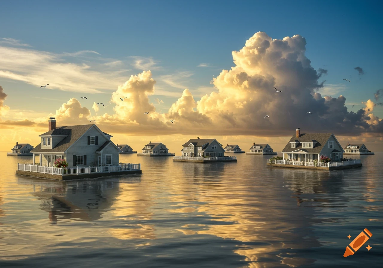 A surreal landscape of suburban houses floating on individual platforms on calm water under a sky with golden clouds and flying birds at sunset.