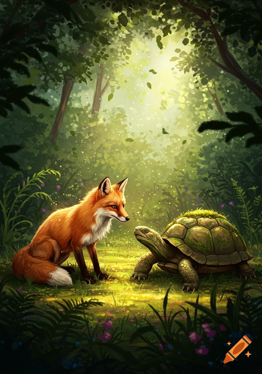A red fox and a green turtle face each other in a lush, sunlit forest, illustrated in a painterly style.