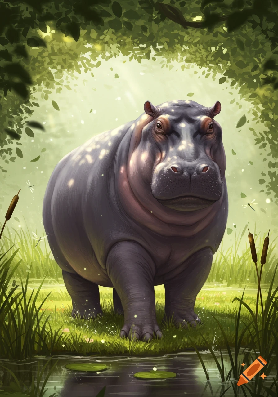 A detailed digital painting of a hippo standing in a vibrant green wetland with lily pads and dragonflies.