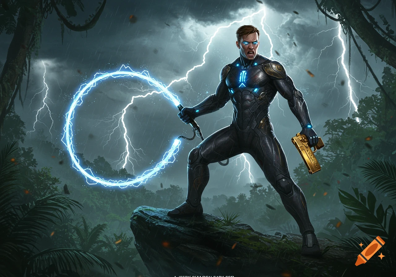 A man in a futuristic black and blue suit wielding a glowing plasma whip and golden gun, standing on a rock in a stormy jungle with lightning.