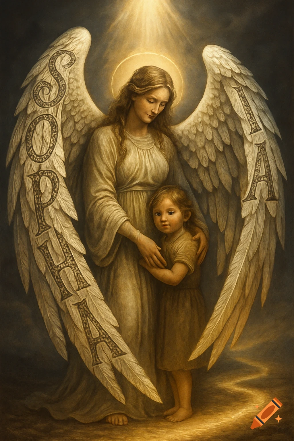 An ethereal guardian angel with large wings protects a small child, bathed in golden light. The name 'Sophia' is etched on one wing.