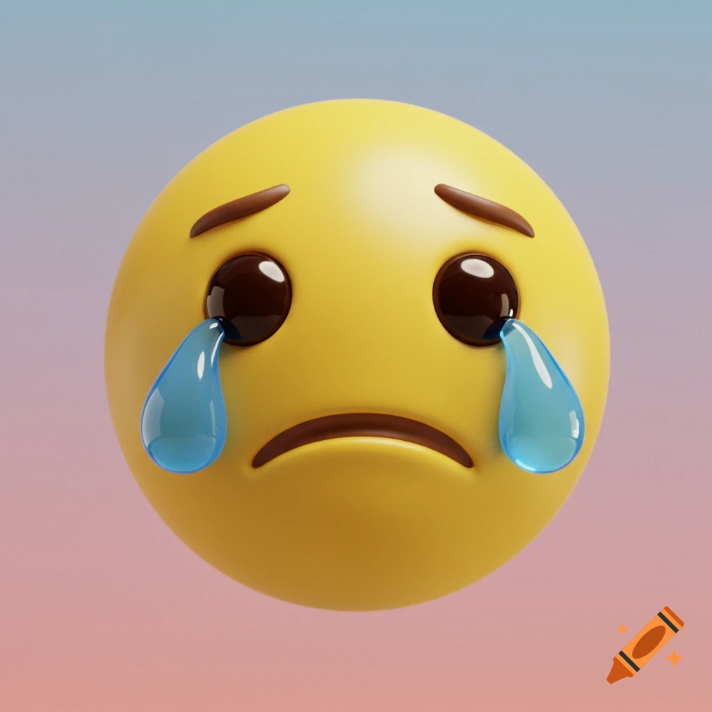 A yellow 3D crying emoji with brown eyebrows, sad mouth, and two large blue tears, against a soft gradient background.