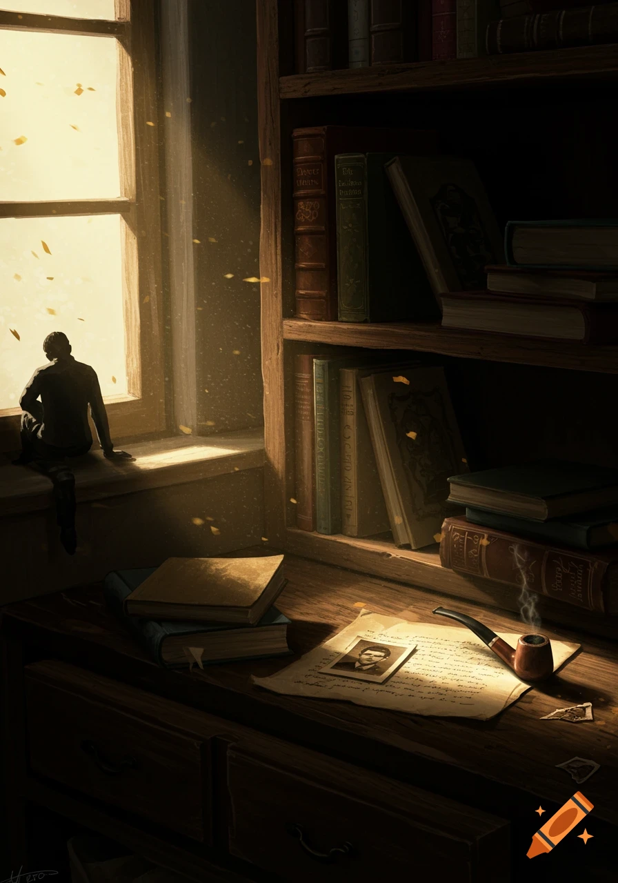 A solitary figure sits by a sunlit window in a dimly lit study, surrounded by bookshelves and a desk with a pipe and papers.