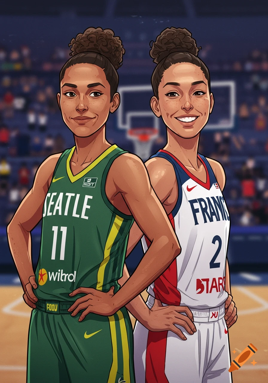 Cartoon illustration of two female basketball players in jerseys. One wears a green Seattle Storm jersey with number 11, the other a white, red, and blue France jersey with number 2. They stand side-by-side on a court.