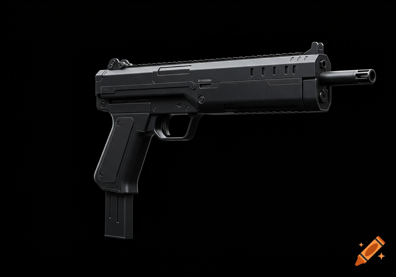 A photorealistic, sleek black submachine gun with a long magazine, against a solid black background.