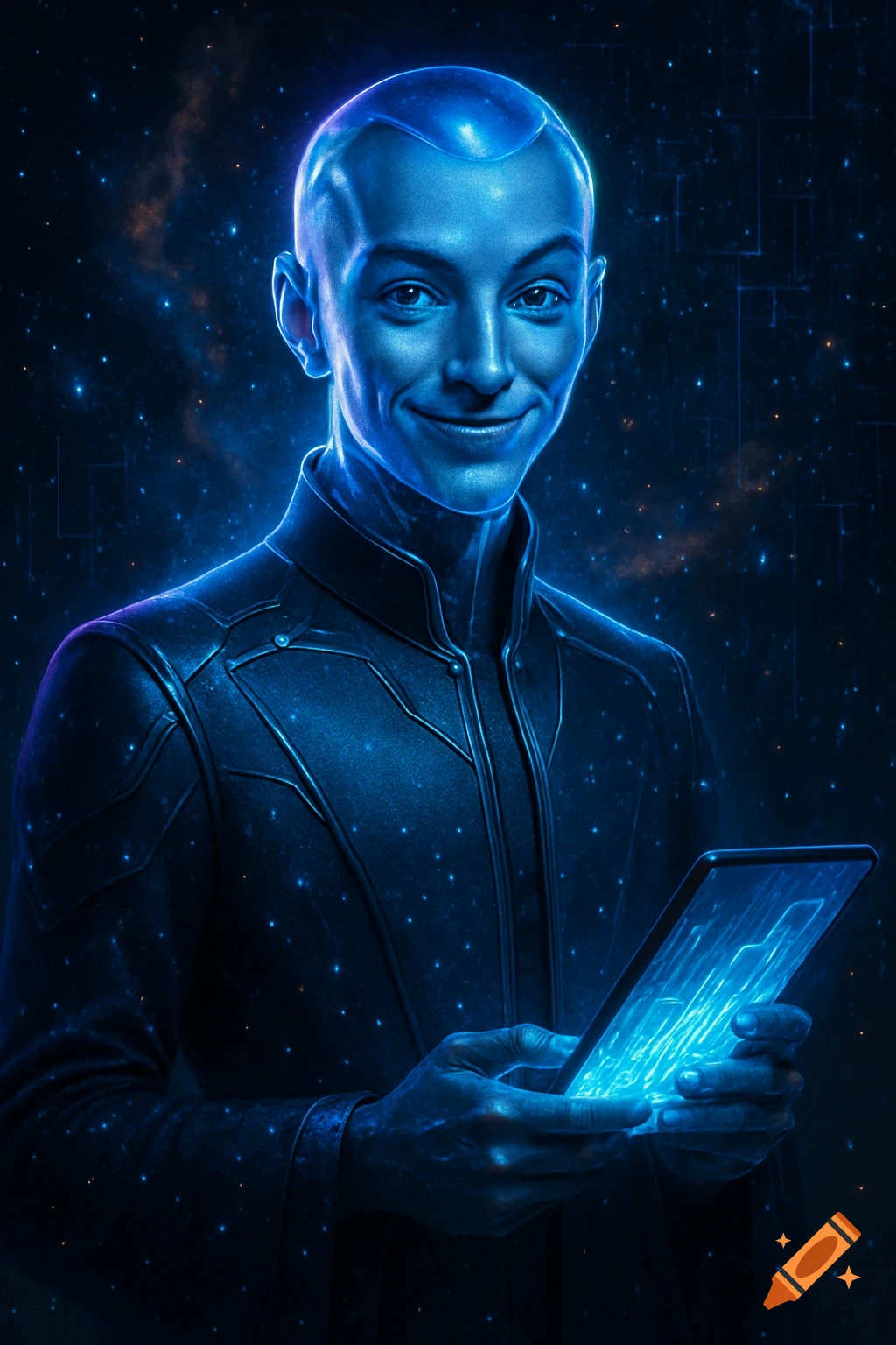 A smiling, blue-skinned futuristic humanoid in a high-tech suit holds a glowing tablet against a starry galaxy and digital matrix. Detailed sci-fi art.