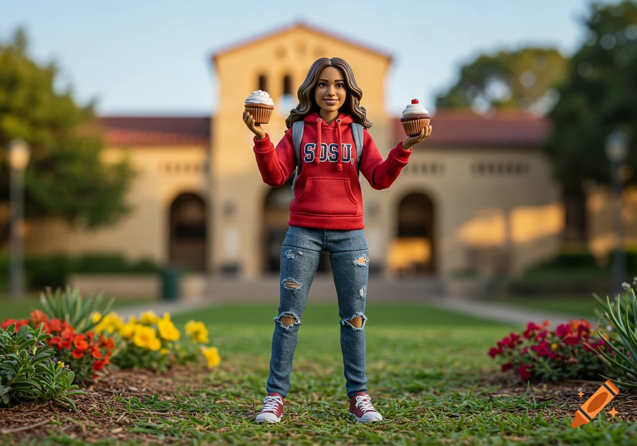Action figure of a young woman in a red 'SDSU' hoodie and jeans holding two cupcakes on a university campus lawn.