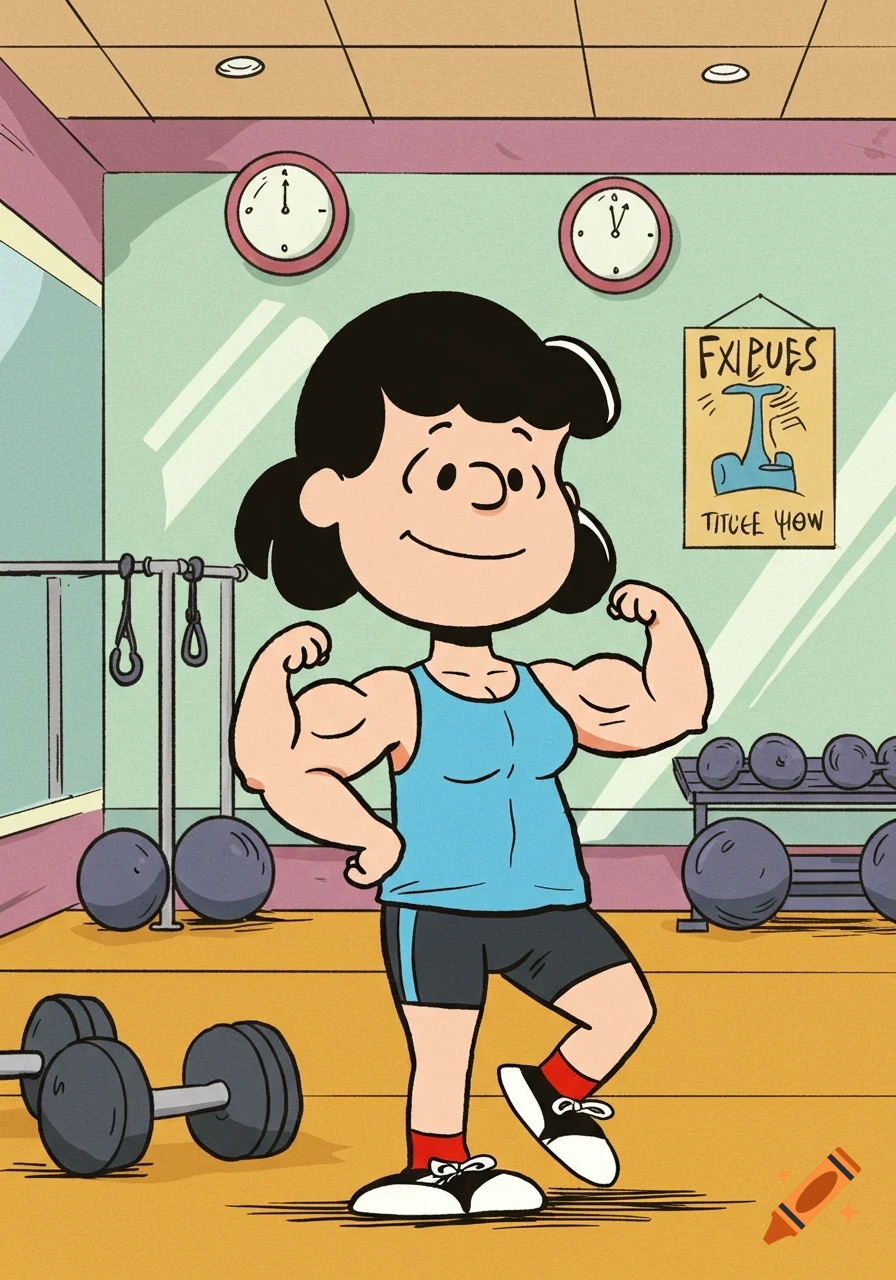 Cartoon character Lucy Van Pelt from Peanuts, with large biceps, flexing and smiling in a gym, wearing a blue tank top and shorts.
