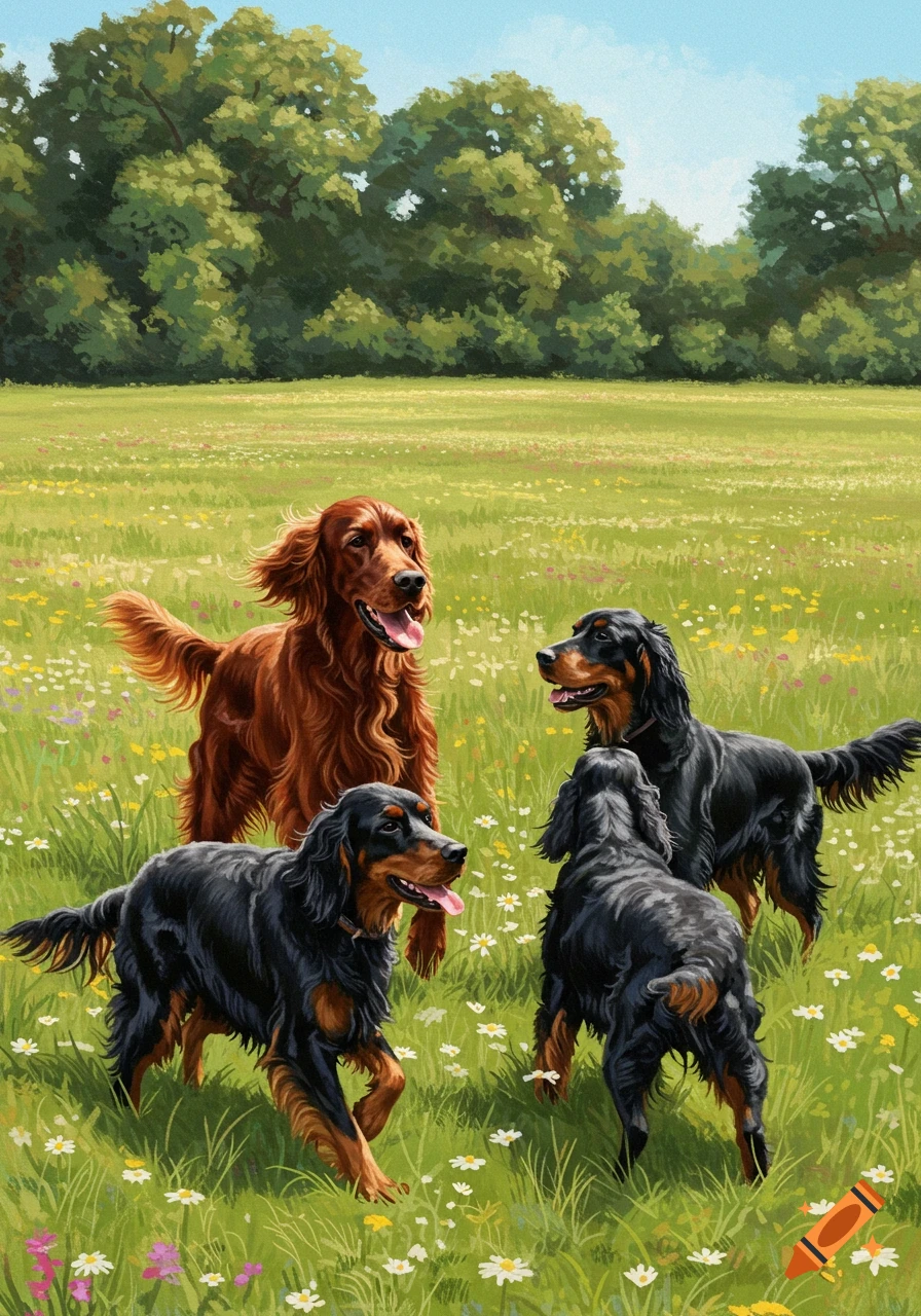 A painterly illustration of an Irish setter and three Gordon setters playing in a sunny meadow filled with wildflowers.