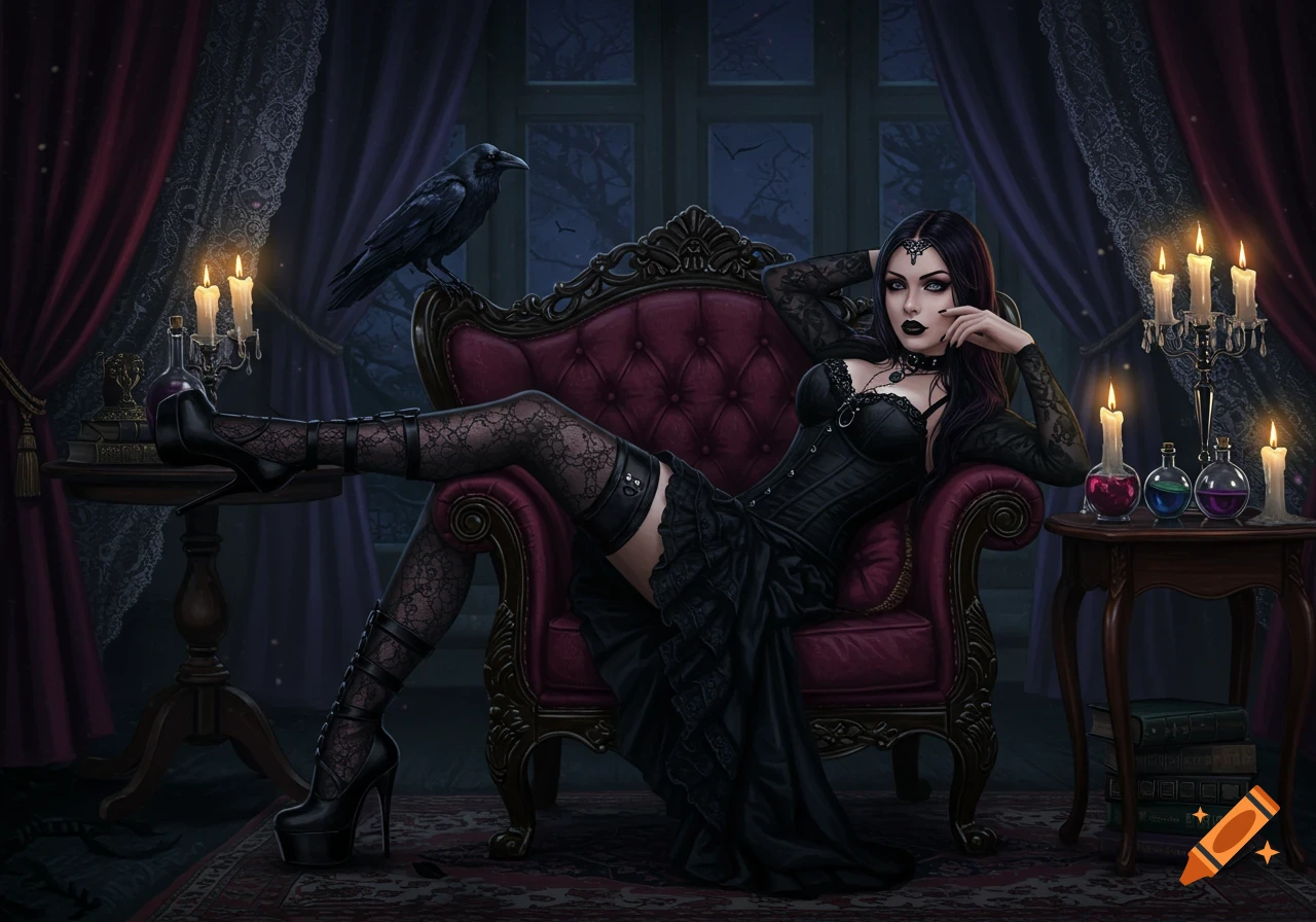 An illustrated gothic woman in a black corset and stockings relaxes on a red chair in a dark room with a raven and lit candles.