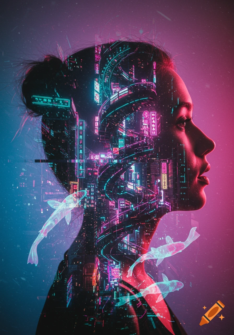 A surreal double exposure of a woman's profile, filled with a distorted, neon-lit cyberpunk city and holographic koi fish, in electric pink and cyan hues.