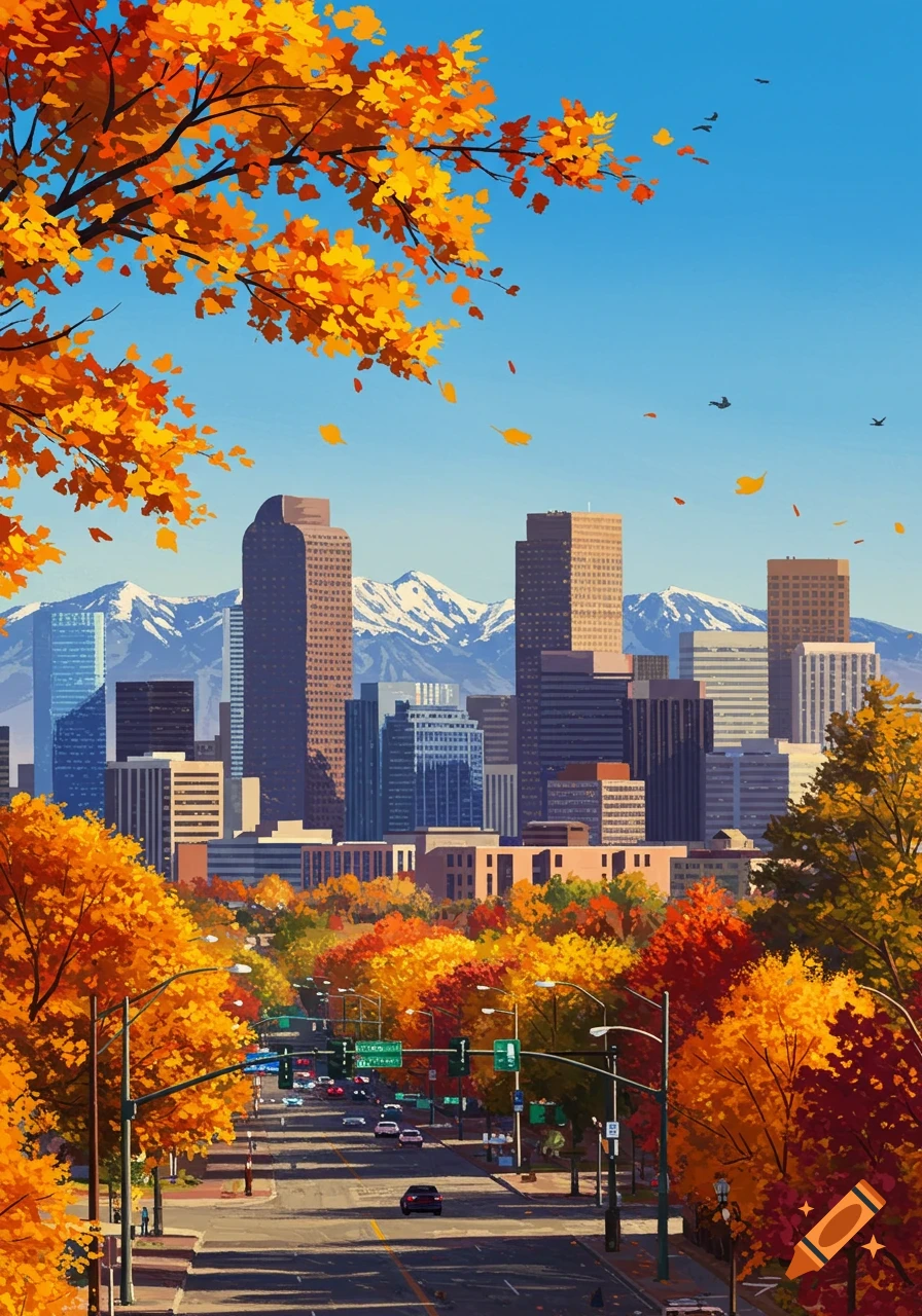 A vibrant autumn cityscape with tall buildings, snow-capped mountains in the background, and a tree-lined street with cars.