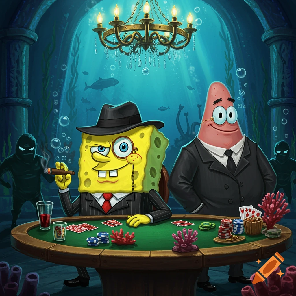 Spongebob and Patrick dressed as mafia bosses playing poker at an underwater table. Spongebob holds a cigar and wears a monocle.