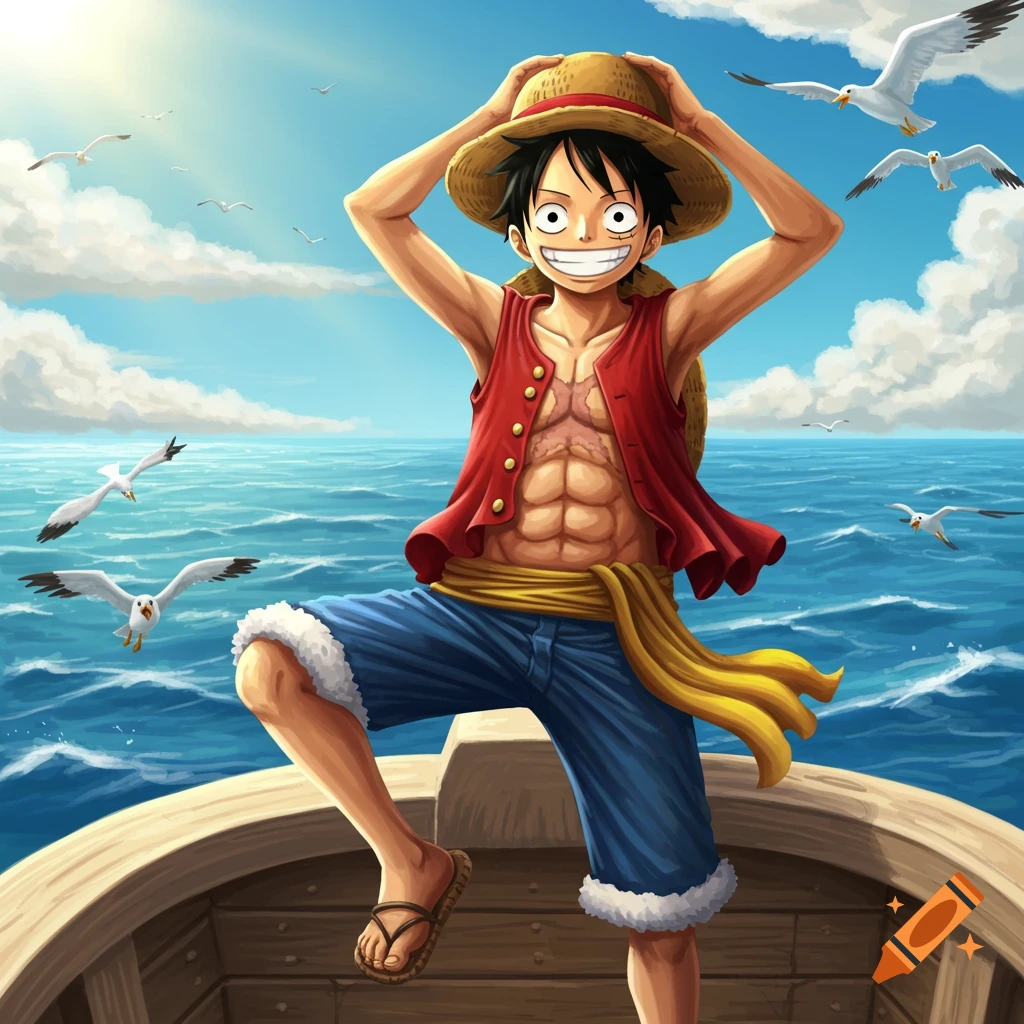 Luffy from One Piece stands in a boat on the ocean, hands on his straw hat, smiling with seagulls flying around.