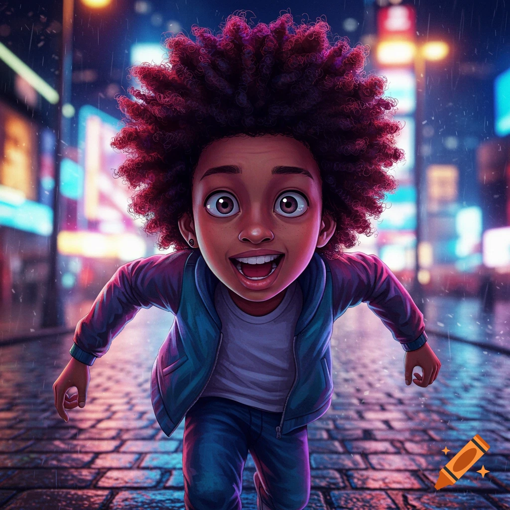 Excited animated black boy with curly hair running in a neon-lit rainy city street at night.