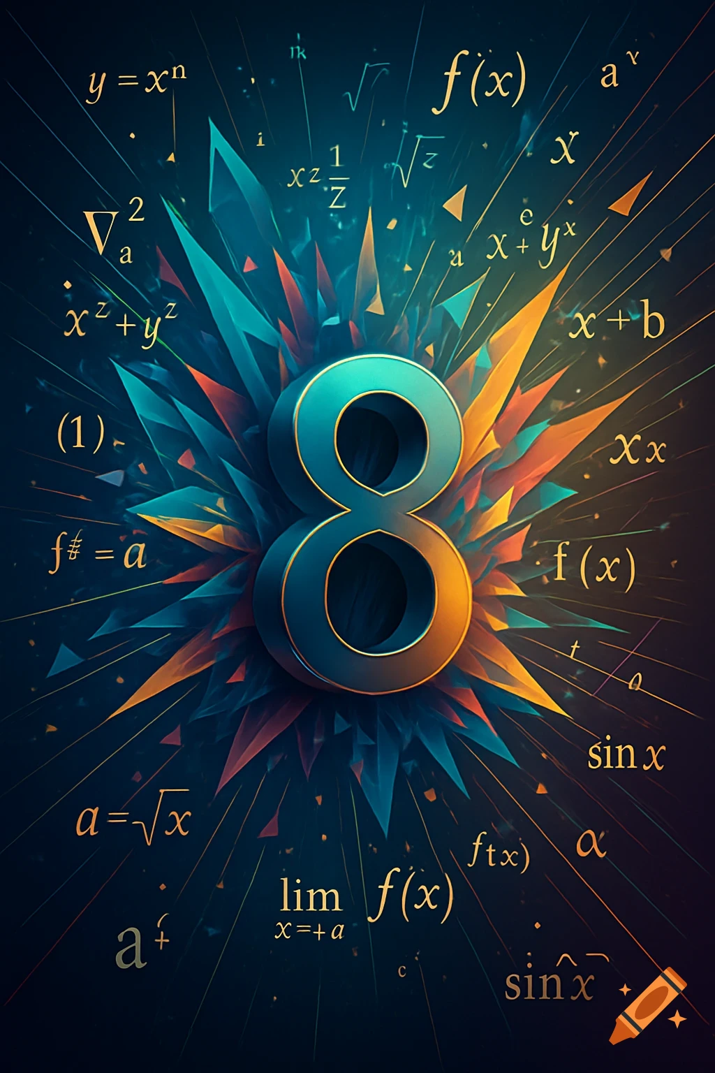 A vibrant abstract mathematical poster featuring a large metallic teal and orange number 8 at the center, surrounded by glowing geometric shards and numerous mathematical formulas and symbols against a dark background.
