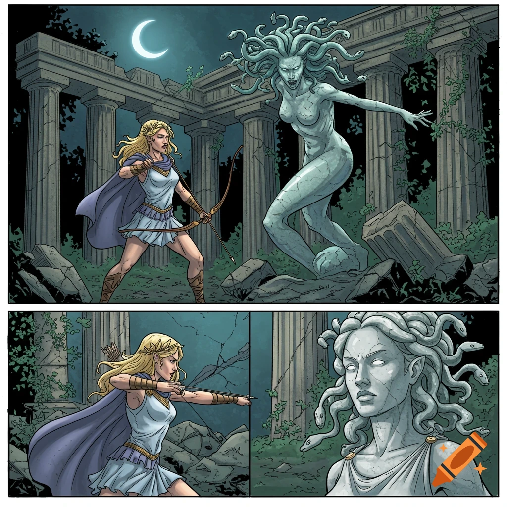 A comic book panel showing Artemis aiming a bow at a large Medusa statue in ancient ruins under a crescent moon.