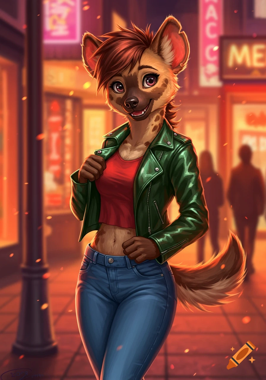 A cute anthropomorphic hyena girl in a red crop top, green leather jacket, and blue jeans smiles on a city street at sunset, digital art.